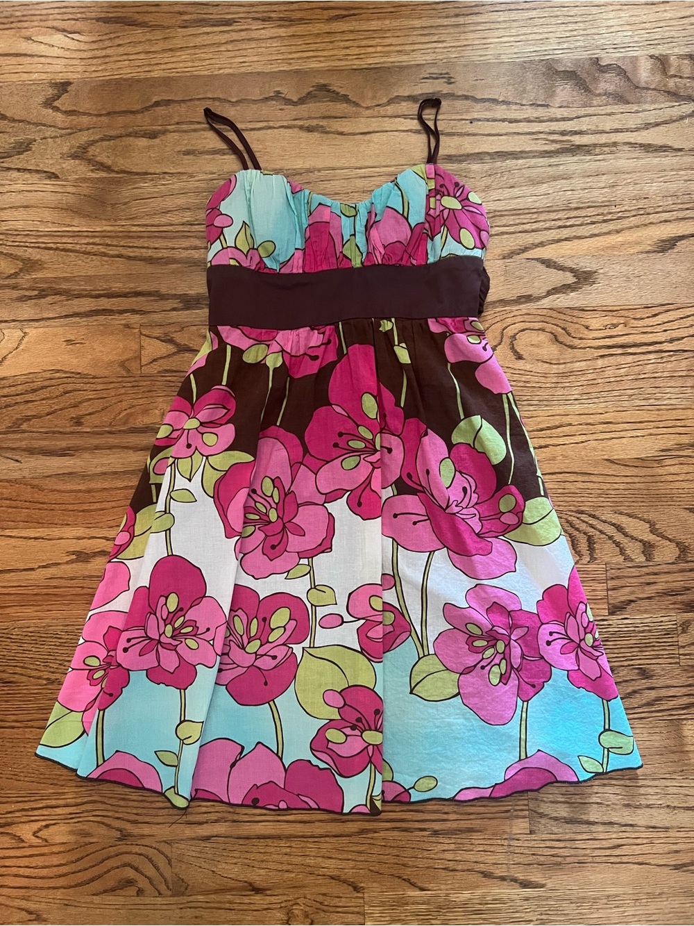Juniors/Women’s Pink Floral Sundress with Brown Waistband